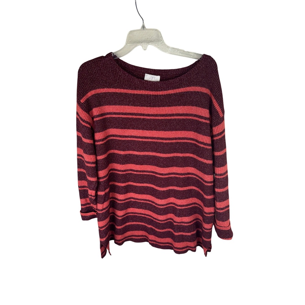 Loft Outlet Womens XL Striped Knit Sweater Burgundy Coral Pink Long Sleeve